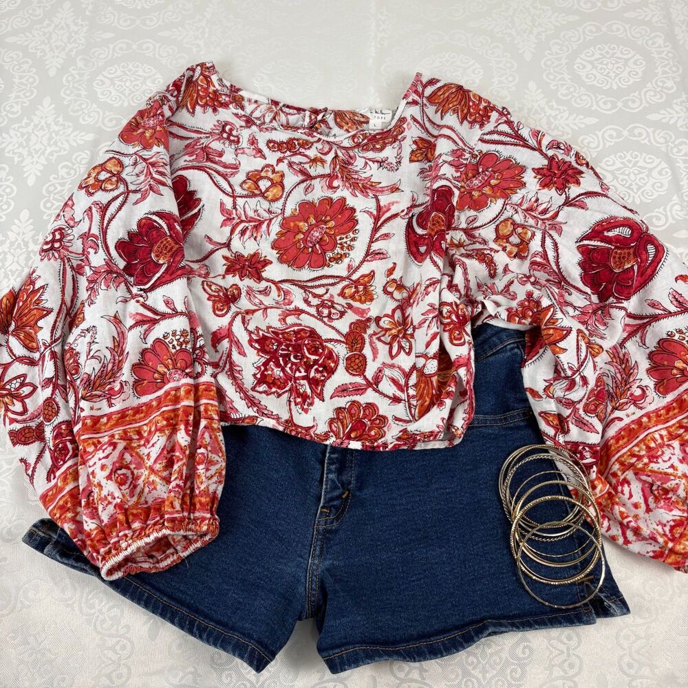 Nicole Miller Blouse Boat Neck Linen Floral Boho Cropped Balloon Sleeve Large